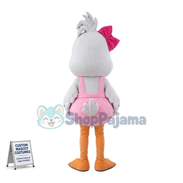 Charming Cartoon White Duck Girl With Pink Jumpsuits and Pink Bow Hairpins Mascot Costume