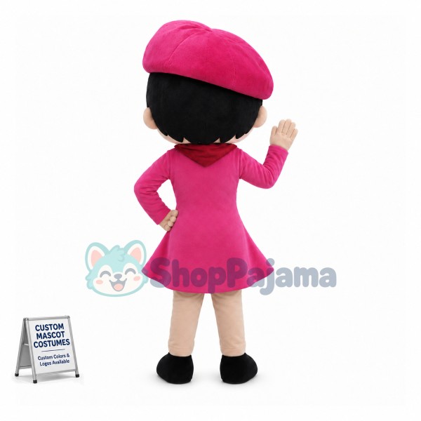 Winking Girl In Pink Dress and Pink Beret Mascot Costume