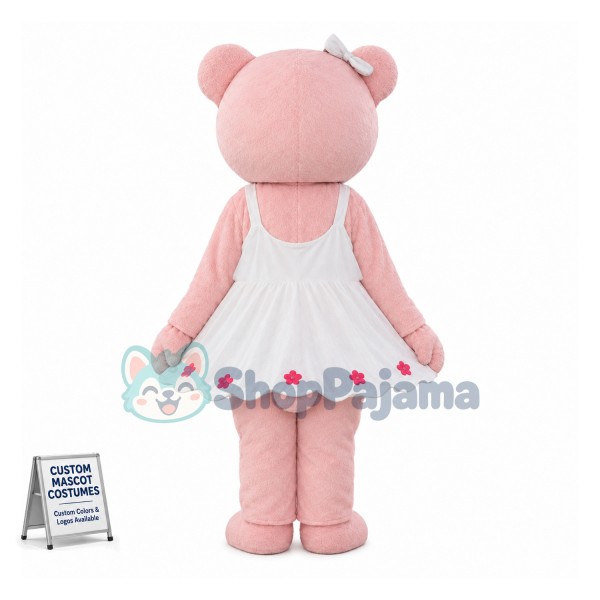 Cute Cartoon Pink Bear With White Dress and White Bow Hairpin Mascot Costume