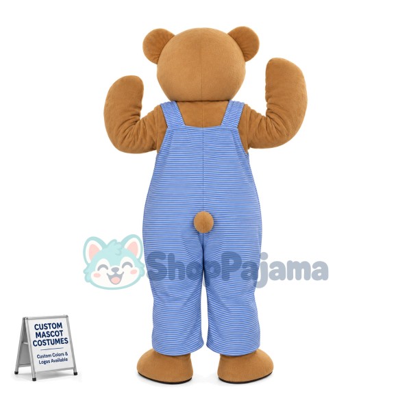 Brown Teddy Bear In Striped Jumpsuit Mascot Costume 