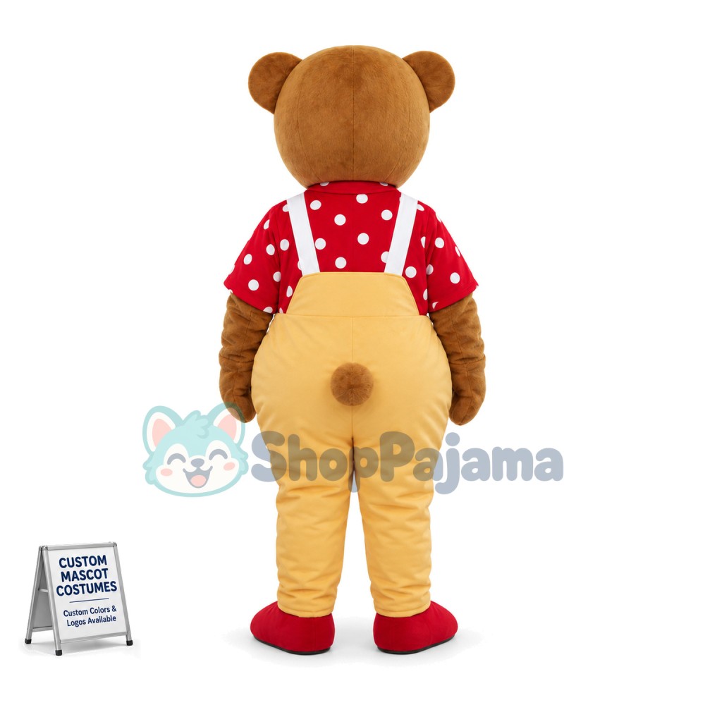 Brown Bear In Red Shirt and Yellow Jumpsuit Mascot Costume