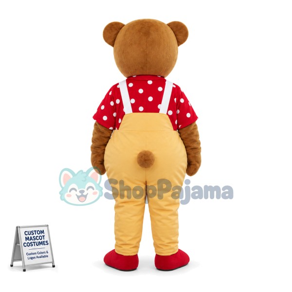 Brown Bear In Red Shirt and Yellow Jumpsuit Mascot Costume