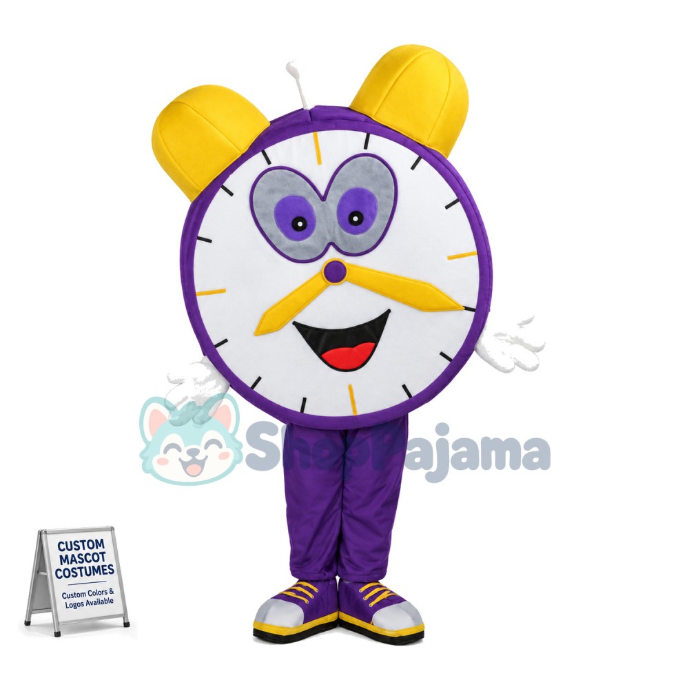 Cartoon Purple Twin Bell Alarm Clock Mascot Adult Costume