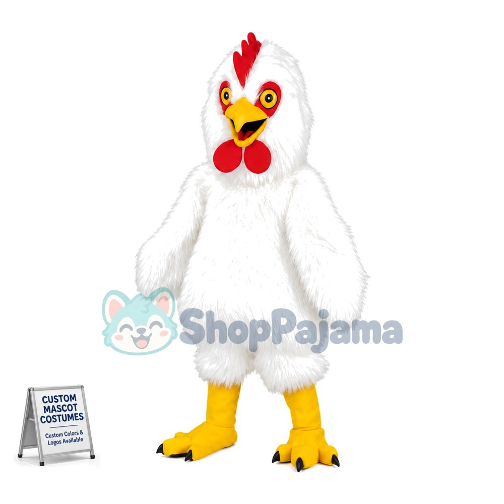 White Rooster Long Fur Mascot Costume 