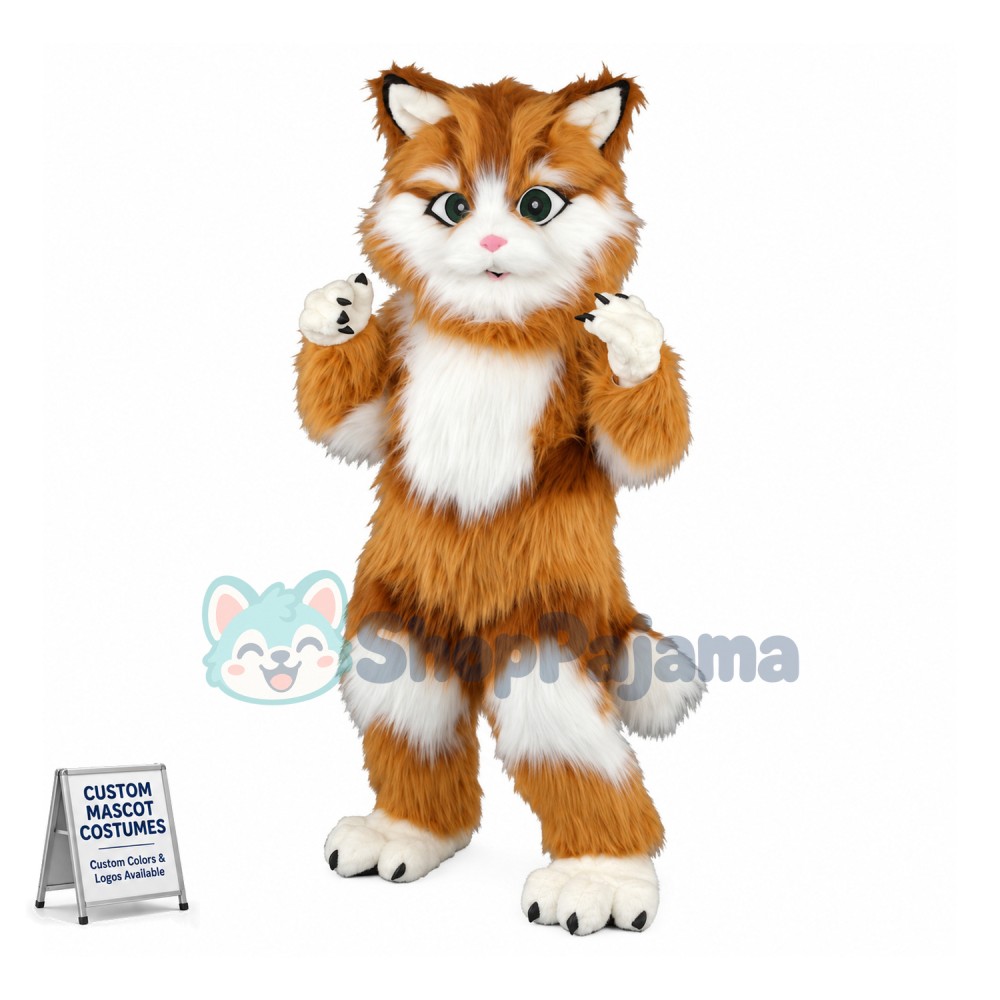 Brown & White Cat Long Fur Mascot Costume 