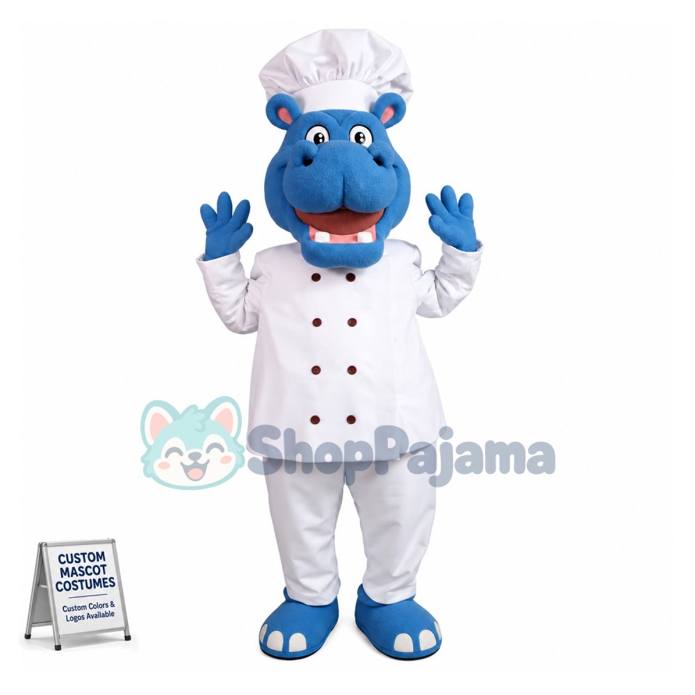 Happy Chef Blue Hippo Mascot Costume 