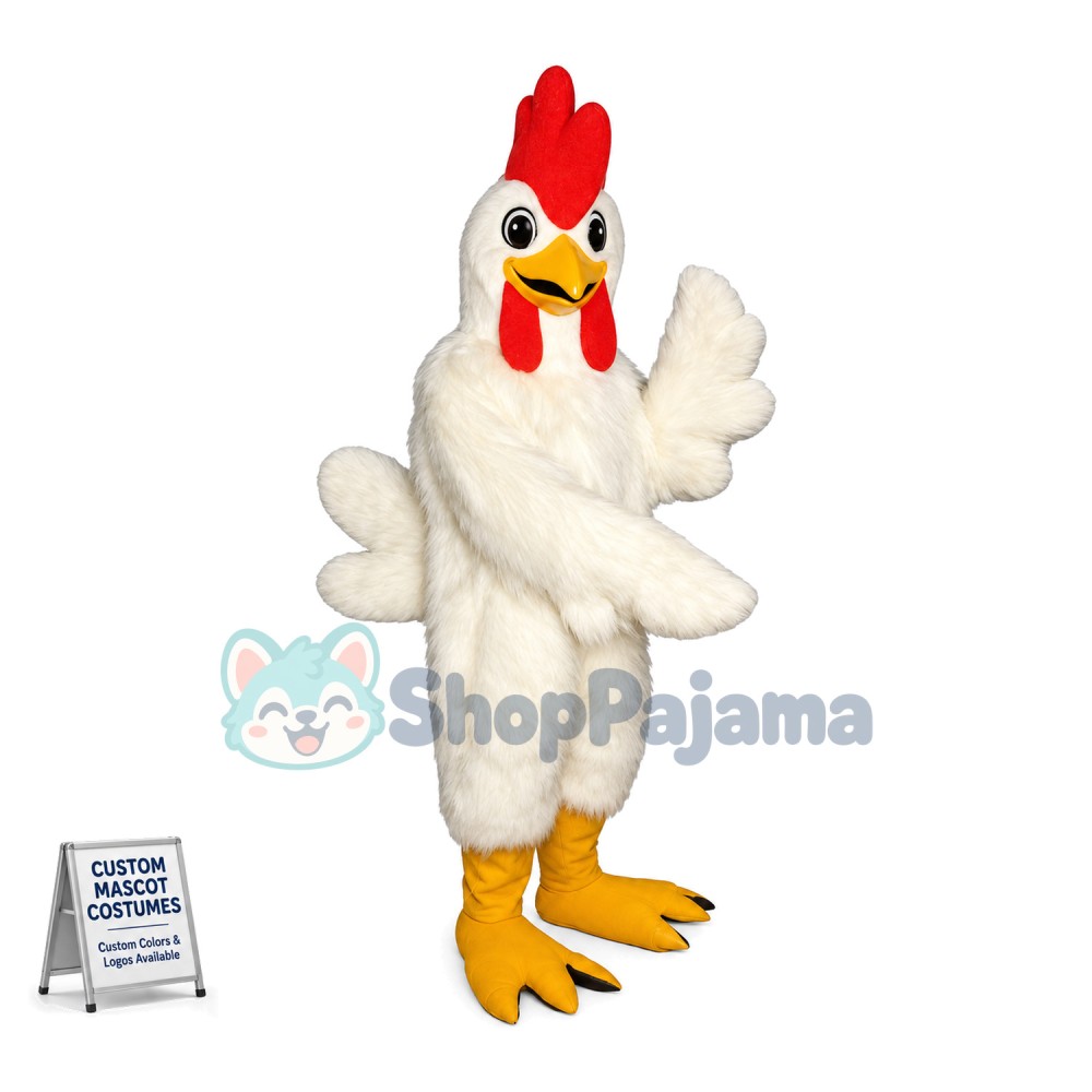 White Rooster Long Fur Mascot Adult Costume 