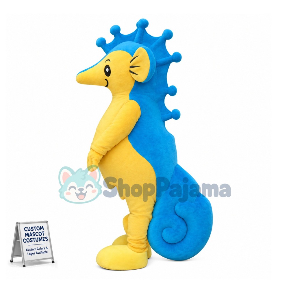Huge Cartoon Blue & Yellow Seahorse Mascot Costume For Adult	