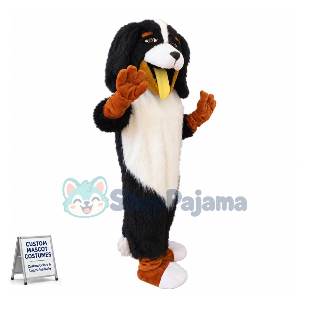 Lovely Bernese Mountain Dog With Yellow Tongue Mascot Costume  