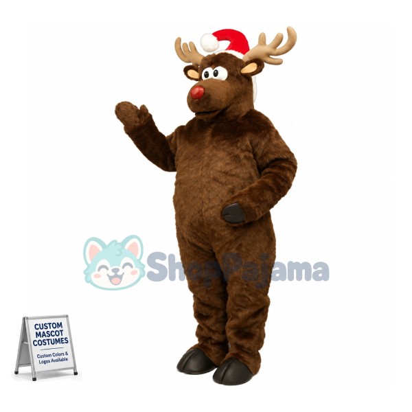 Santa's Red-Nosed Christmas Reindeer Mascot Costume Adult Plush Costume 