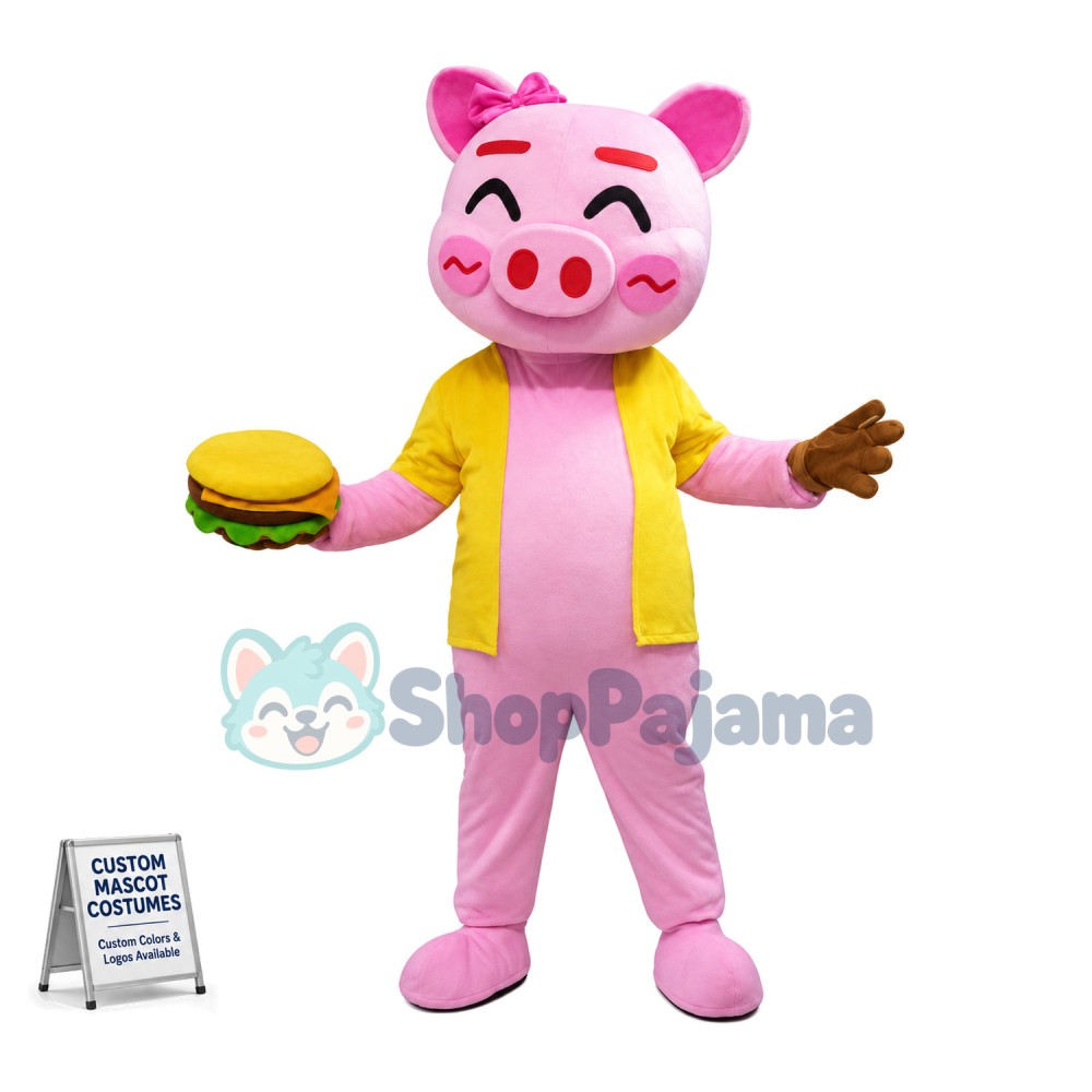 Cute Pink Pig Girl With Hamburger Mascot Costume 