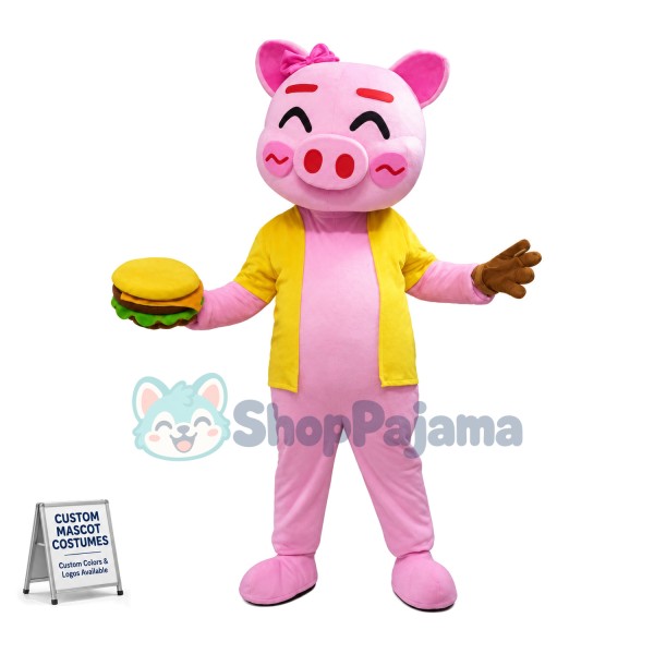 Cute Pink Pig Girl With Hamburger Mascot Costume 