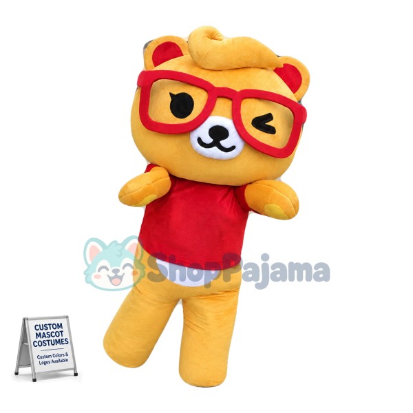 Winking Teddy Bear Boy With Red Eye Frame Mascot Costume 