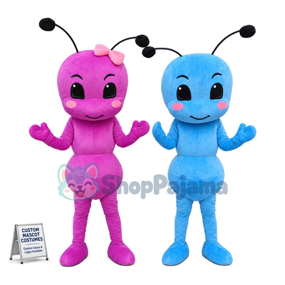 Adult Cartoon Blue Ant & Pink Ant With Bow Hair Accessories Mascot Costume 