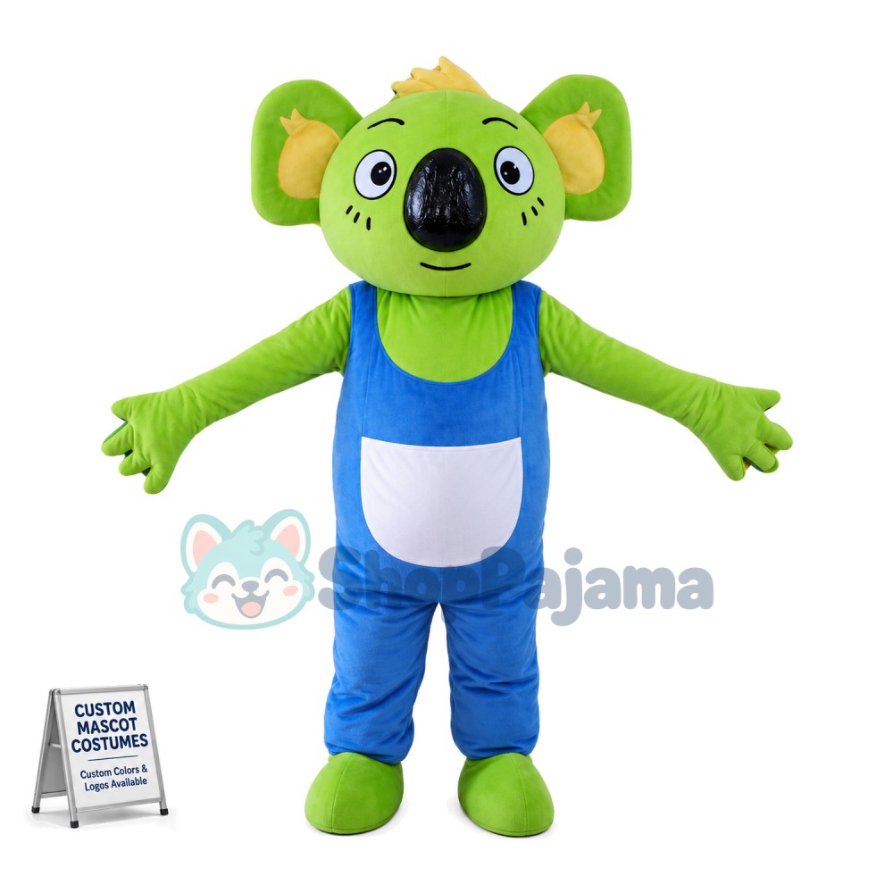 Adult Cartoon Green Koala in blue overalls Mascot Costume	