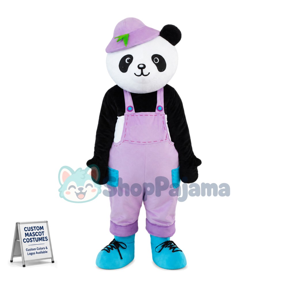 Adult Cartoon Panda Wearing Purple Overalls And Purple Hat Mascot Costume	