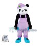 Adult Cartoon Panda Wearing Purple Overalls And Purple Hat Mascot Costume	
