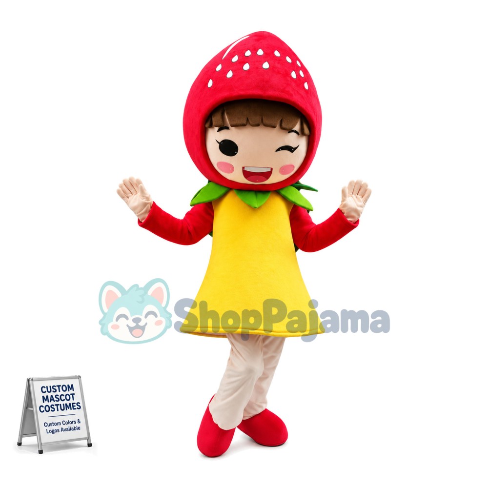 Cute Winking Strawberry Girl Mascot Costume 