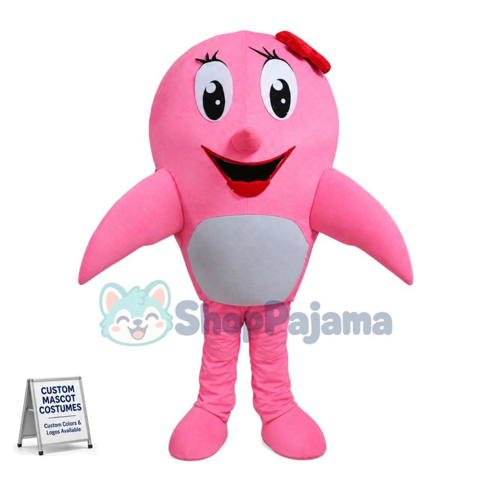 Lovely Cartoon Pink Dolphin With Red Flower Headdress Mascot Costume 