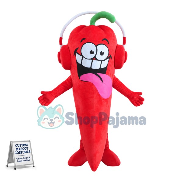 Crazy Cartoon Red Chili Pepper With Red Headphones Mascot Costume For Adult