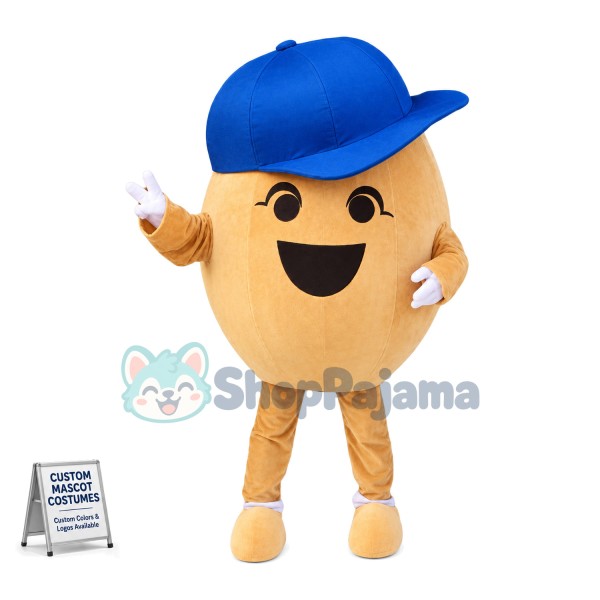 Cartoon Potato In Blue Peaked Cap Mascot Costume	