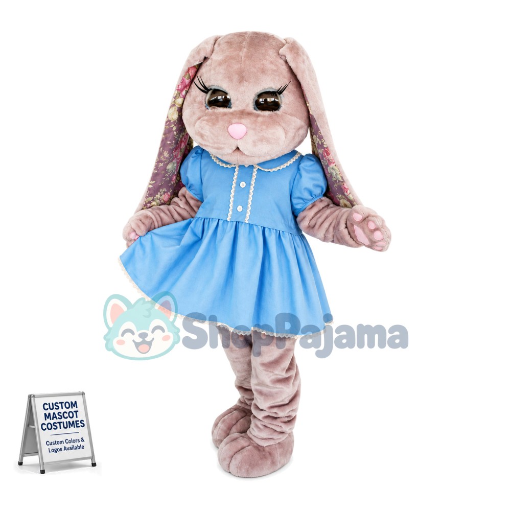 Adult plush Bunny In Blue Dress Mascot Costume 