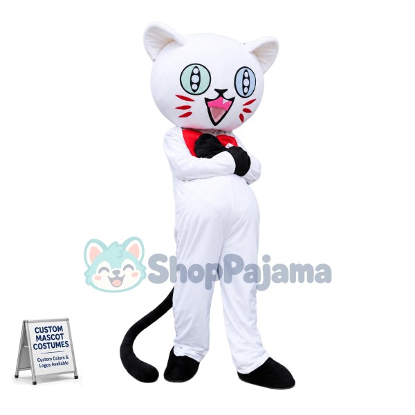 Happy Cartoon Odd-eyed White Cat Mascot Costume 