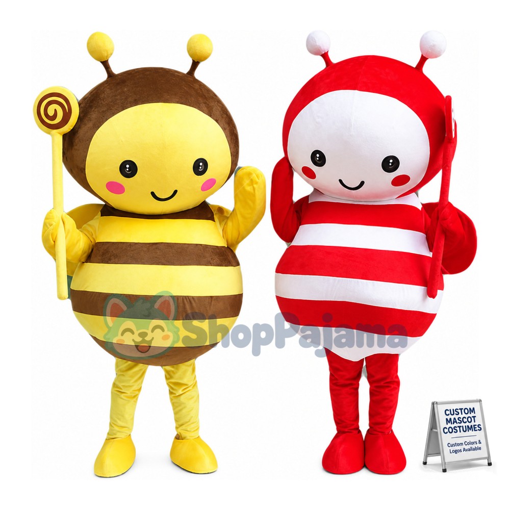 Cartoon Red Honeybee & Yellow Honeybee Mascot Costume 