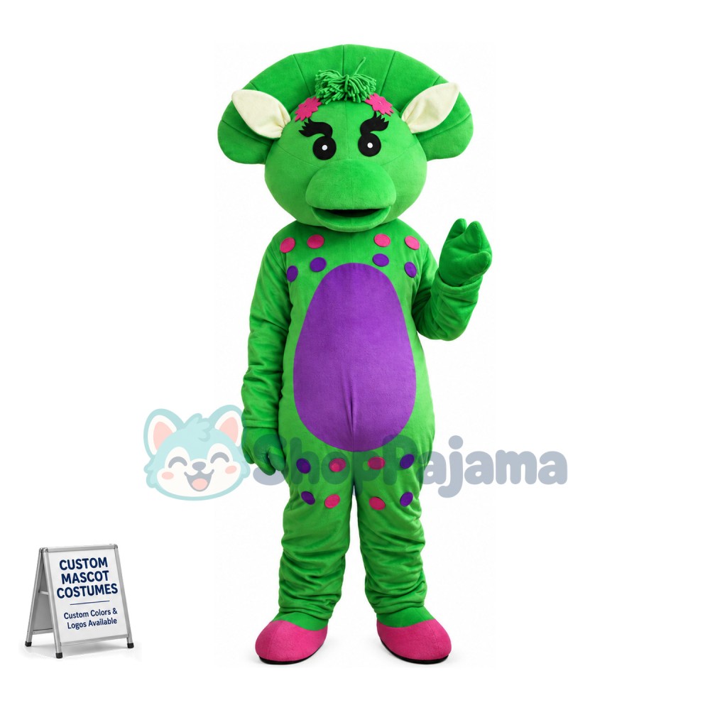 Shy Baby Bop the Bright Green Triceratops Mascot Adult Costume 