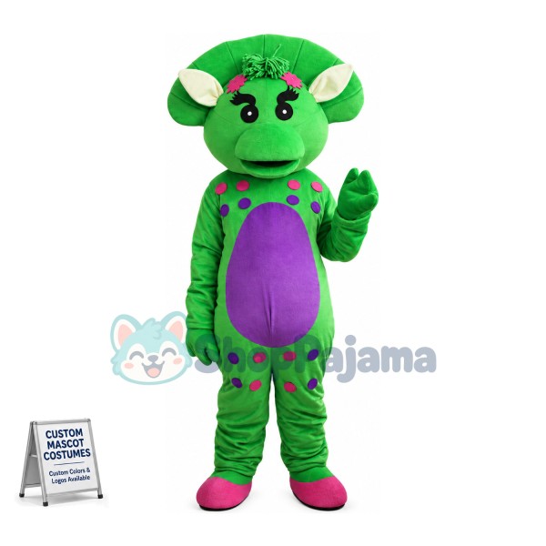 Shy Baby Bop the Bright Green Triceratops Mascot Adult Costume 