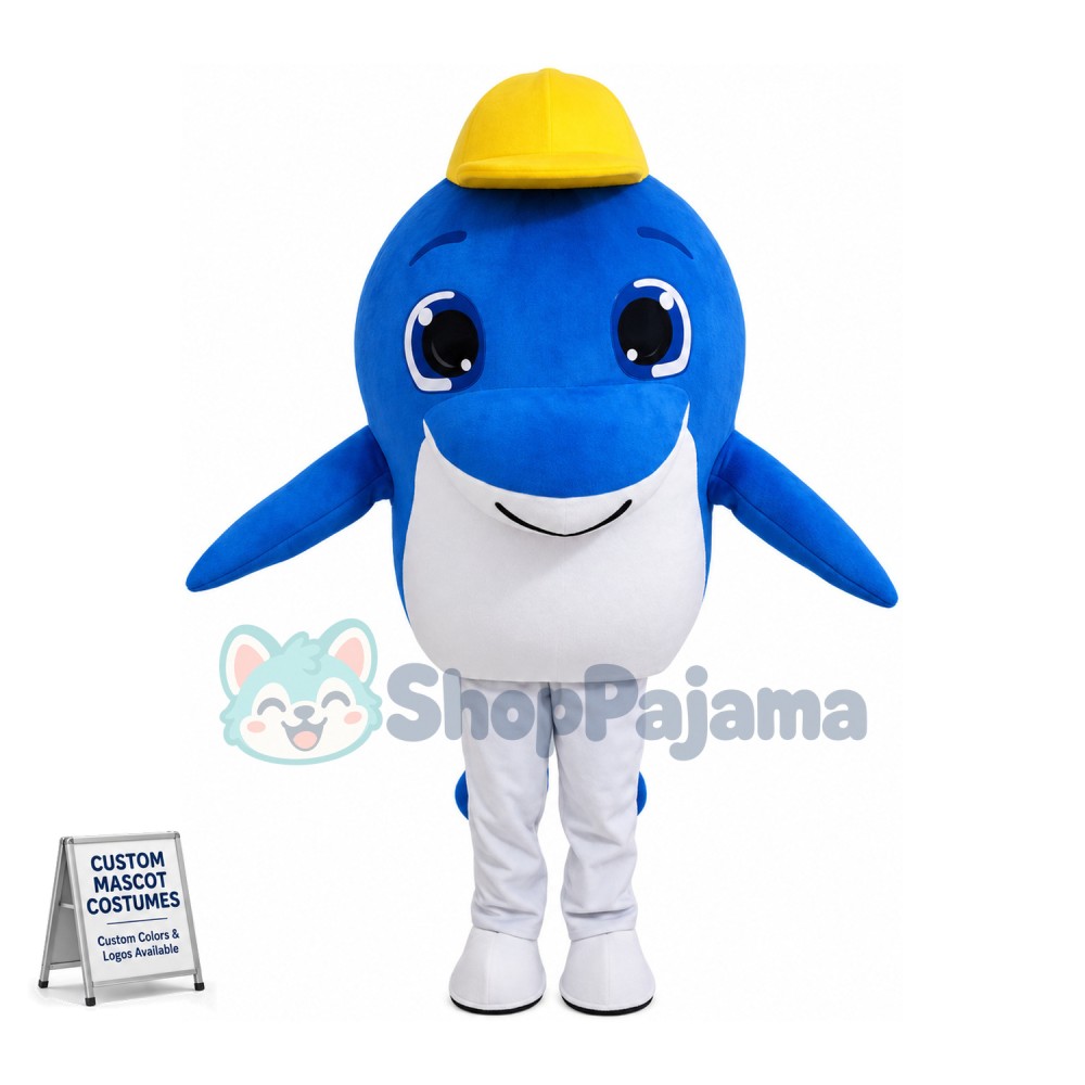 Cartoon Dolphin In Yellow Hat Mascot Costume 