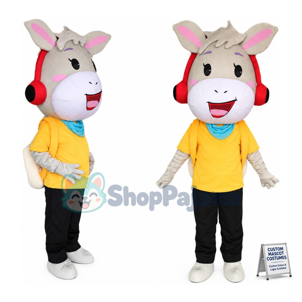 Beige Donkey Schoolboy With Headphones Mascot Costume	