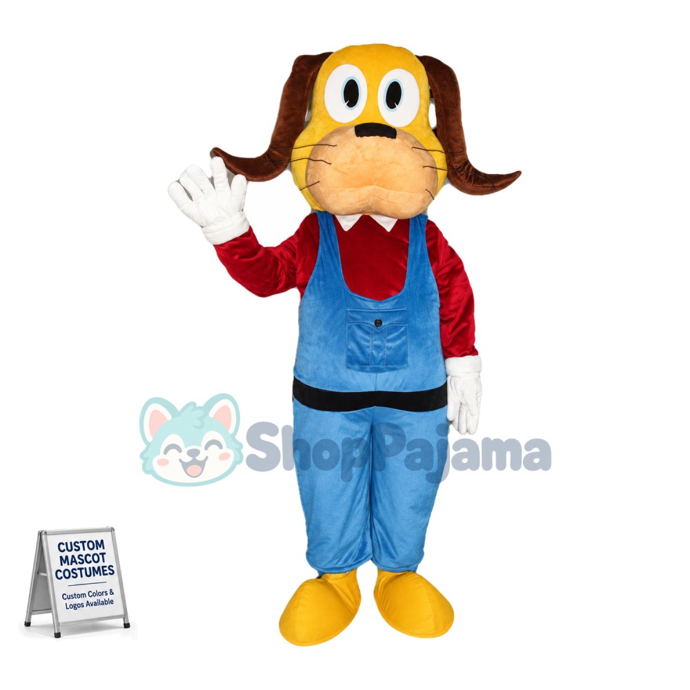 Yellow Dog In Red Jacket and Blue Jumpsuit Mascot Cartoon Costume