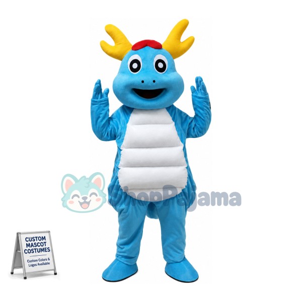 Golden Horned Blue Dragon Cartoon Mascot Costume