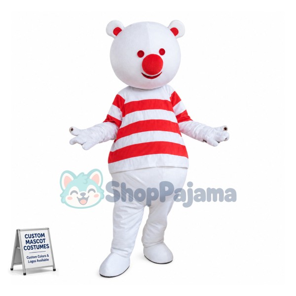 Adult Cartoon White Bear With Red Nose and Red Eyes Mascot Costume	