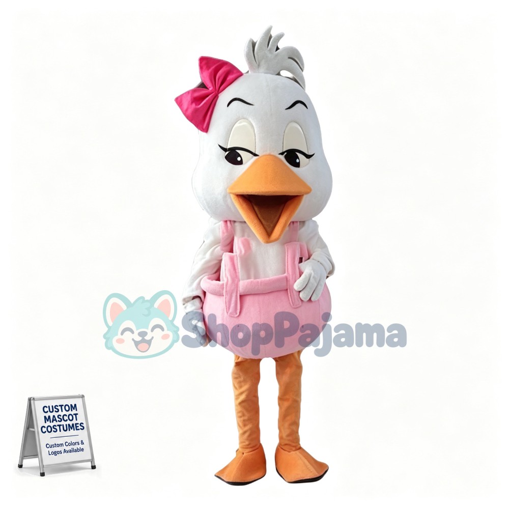Charming Cartoon White Duck Girl With Pink Jumpsuits and Pink Bow Hairpins Mascot Costume