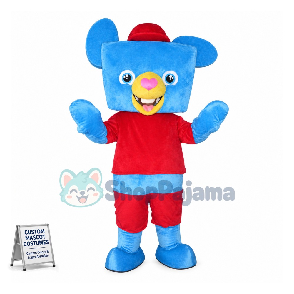 Lovely Cartoon Blue Bear With Square Face Mascot Costume