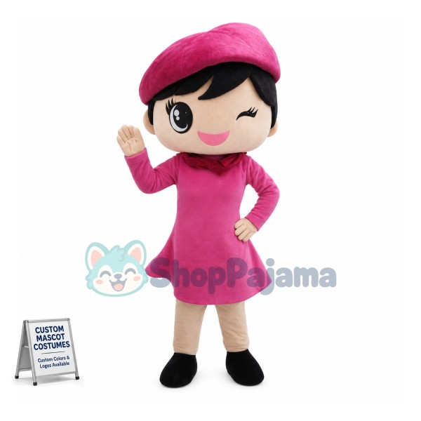 Winking Girl In Pink Dress and Pink Beret Mascot Costume