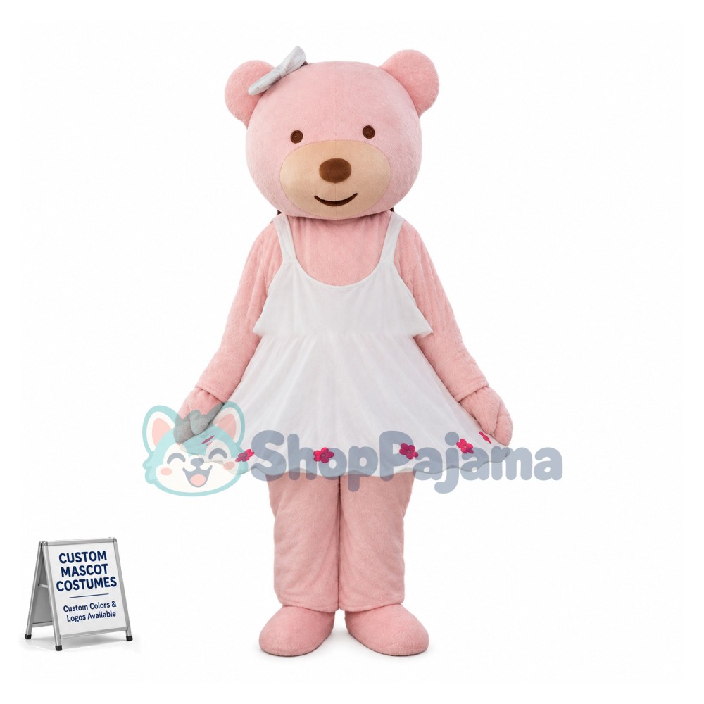 Cute Cartoon Pink Bear With White Dress and White Bow Hairpin Mascot Costume