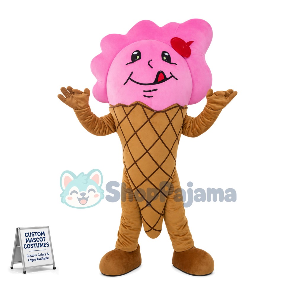 Adult Cartoon Pink Creamy Ice Cream Cone Mascot Costume	