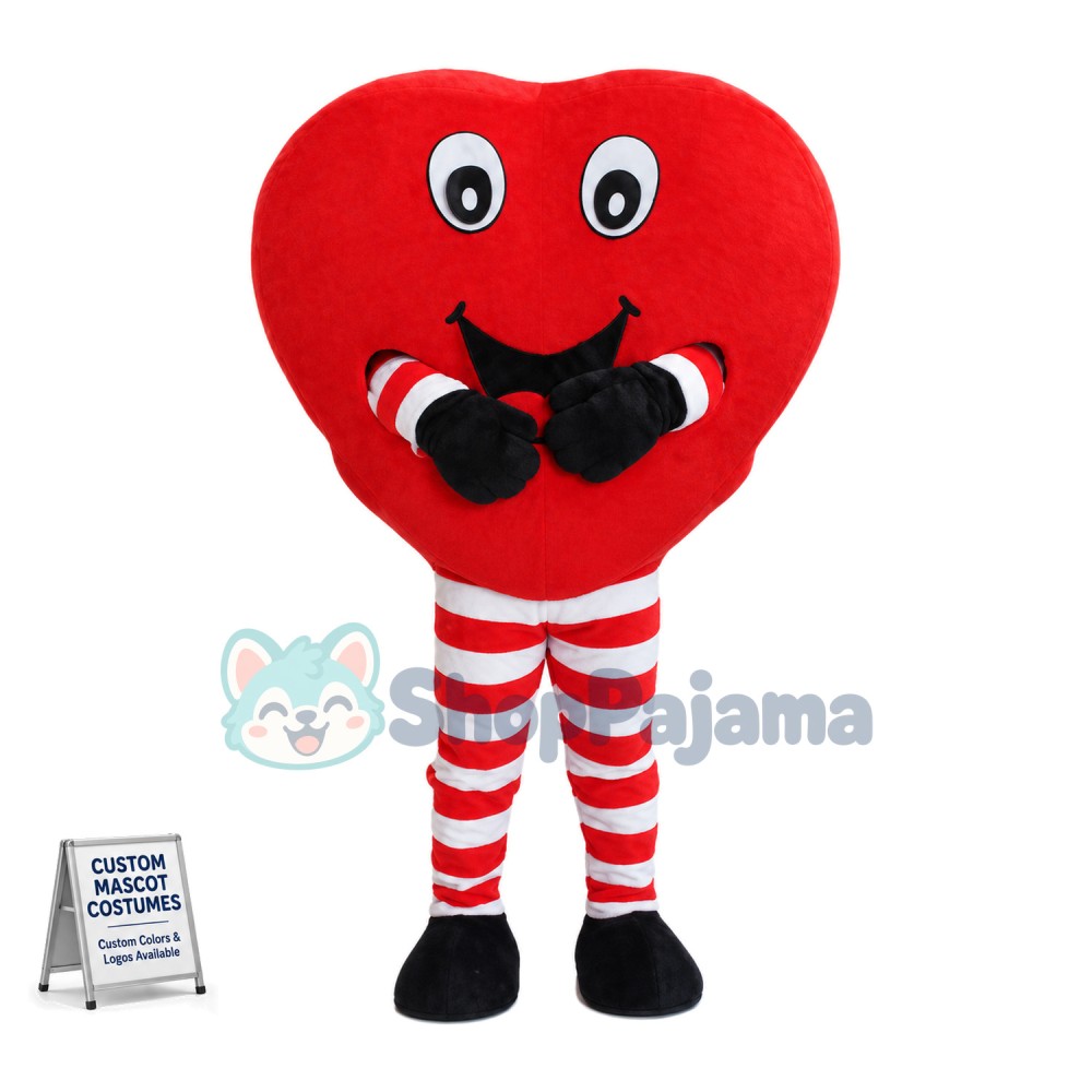 Cartoon Red Heart Man In Striped Pants Mascot Costume 
