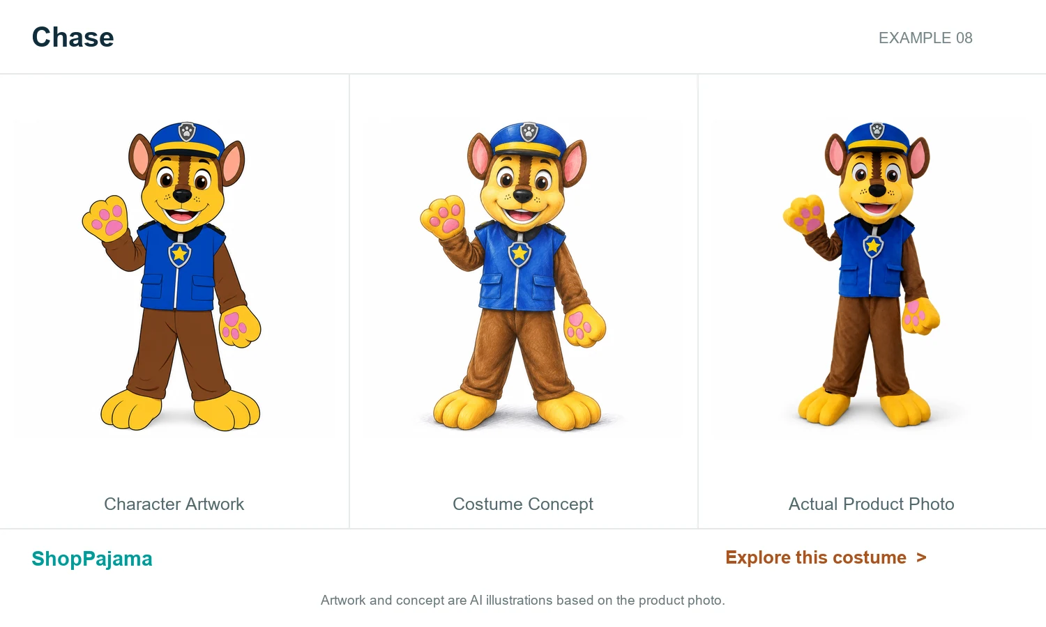 Chase: character artwork, costume concept and actual product photo