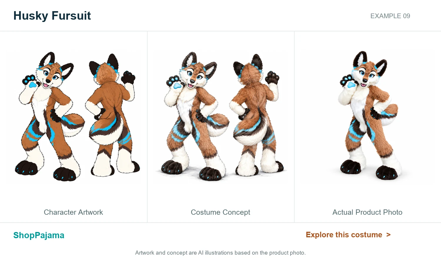 Husky Fursuit: character artwork, costume concept and actual product photo